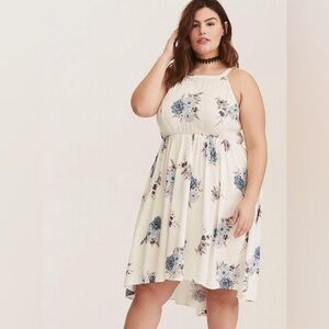 Torrid Midi Challis High Neck Flowy Fit Flare Dress - Blue Cream Floral - 3 3x